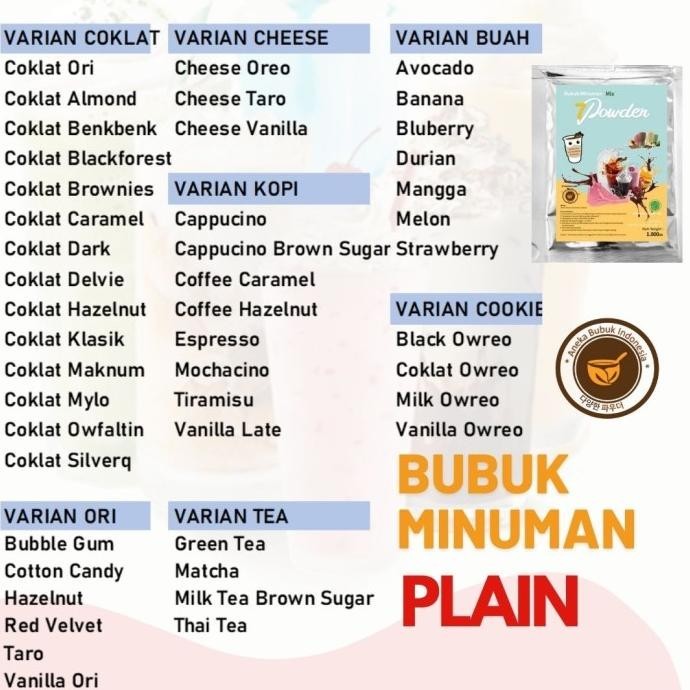 

BIG SALE BUBUK MINUMAN VARIAN PLAIN ANEKA RASA KEMASAN 1KG - BOBA POWDER DRINK !!!!!