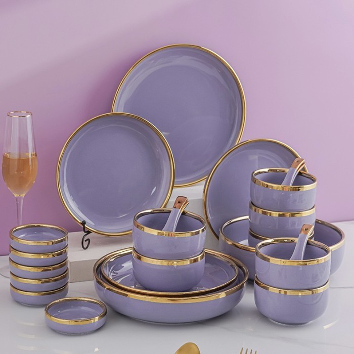 Lilac Gold Plate Set / Paket Piring Keramik Cantik Ungu Purple Emas