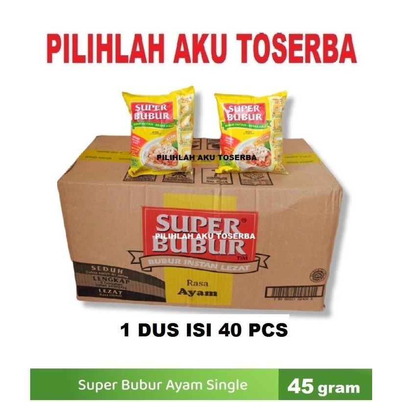

Super Bubur Rasa Ayam @45 Gr - ( Harga 1 Dus Isi 40 Pcs )
