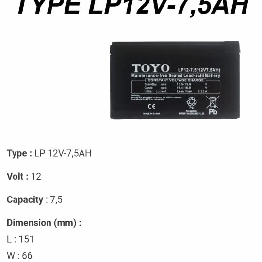 Aki Kering Toyo Vrla 12V - 7,5Ah Ups