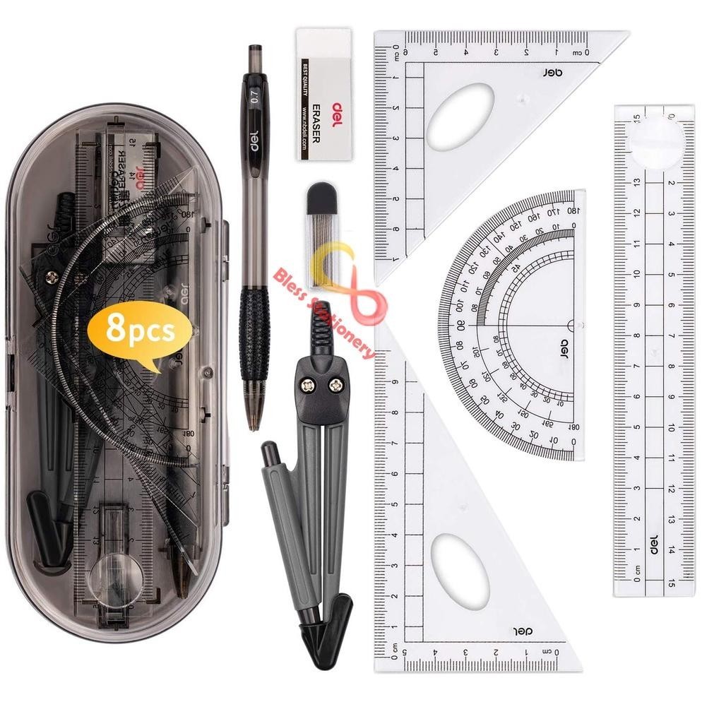 

An85 Jangka penggaris busur sekolah DELI Compass Drafting Set Square Ruler Hemat