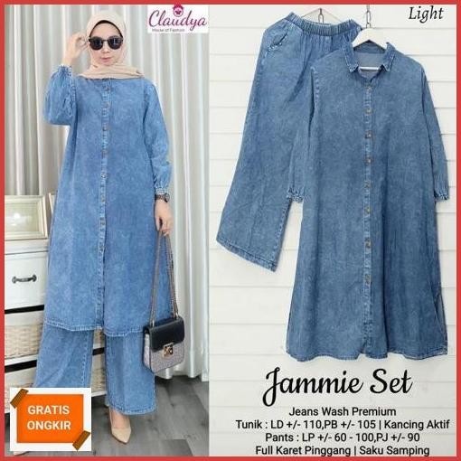 Hot Sale Emweha Setelan Wanita Jeans Wash Premium One Set Tunik Denim Full Kancing Busui Jammie Qc P
