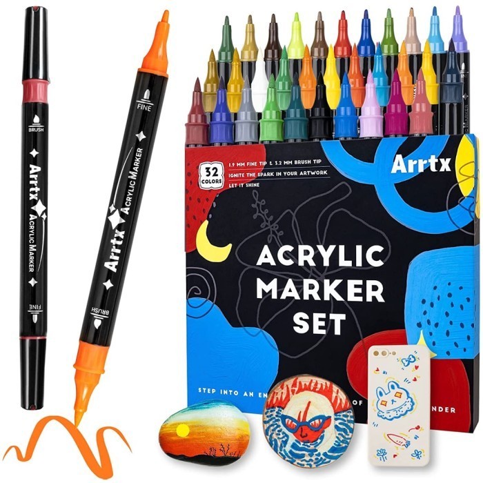 

Arrtx Dual Brush & Extra-Fine Tip Acrylic Marker Set 32 Color Spidol