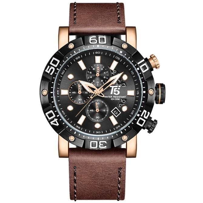 Jam Tangan Pria Original T5 H 3855G Black Brown Rosegold