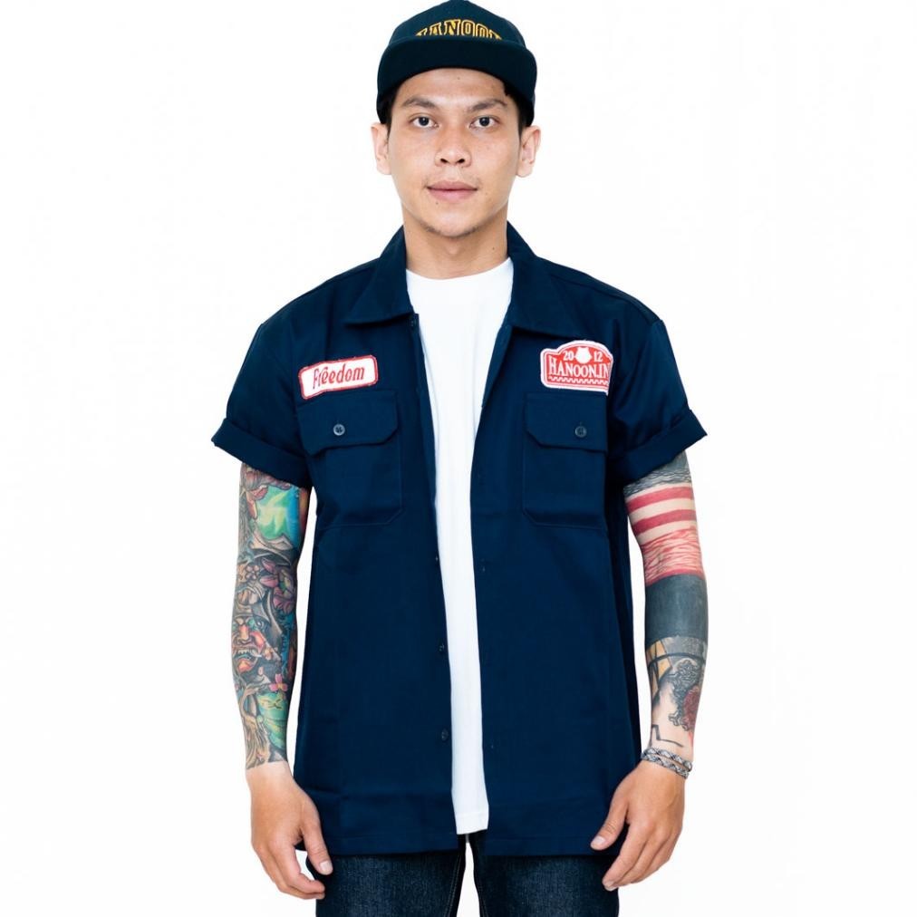 Baju Kemeja Tactical Pria Lapangan Outdoor Hanoon Woshirt Navy Kerja Wo Shirt Pendek Biru Navy Dom B