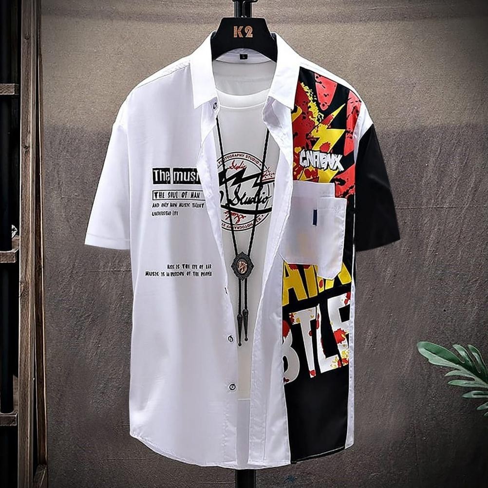 Baju Kemeja Tactical Pria Lapangan Outdoor Hem Kasual Motif Kekinian Music Lengan Pendek Baju Kerja 