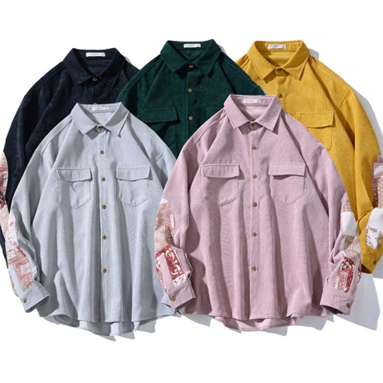 Baju Kemeja Tactical Pria Lapangan Outdoor Korduroi Patchwo Retro Kasual Longgar Unisex Jaket Top Ba