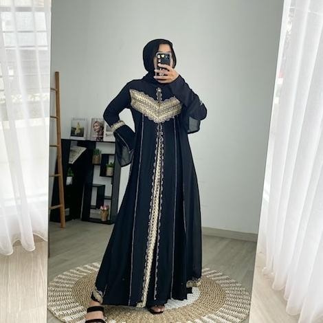 Baju Muslim Abaya Gamis Hitam Mewah Arab Saudi Syari