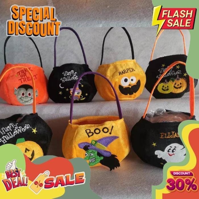 

TABB TAS HALLOWEEN PUMPKIN LABU TRICK OR TREAT GOODIE BAG FLANEL BULU KAIN E.COS