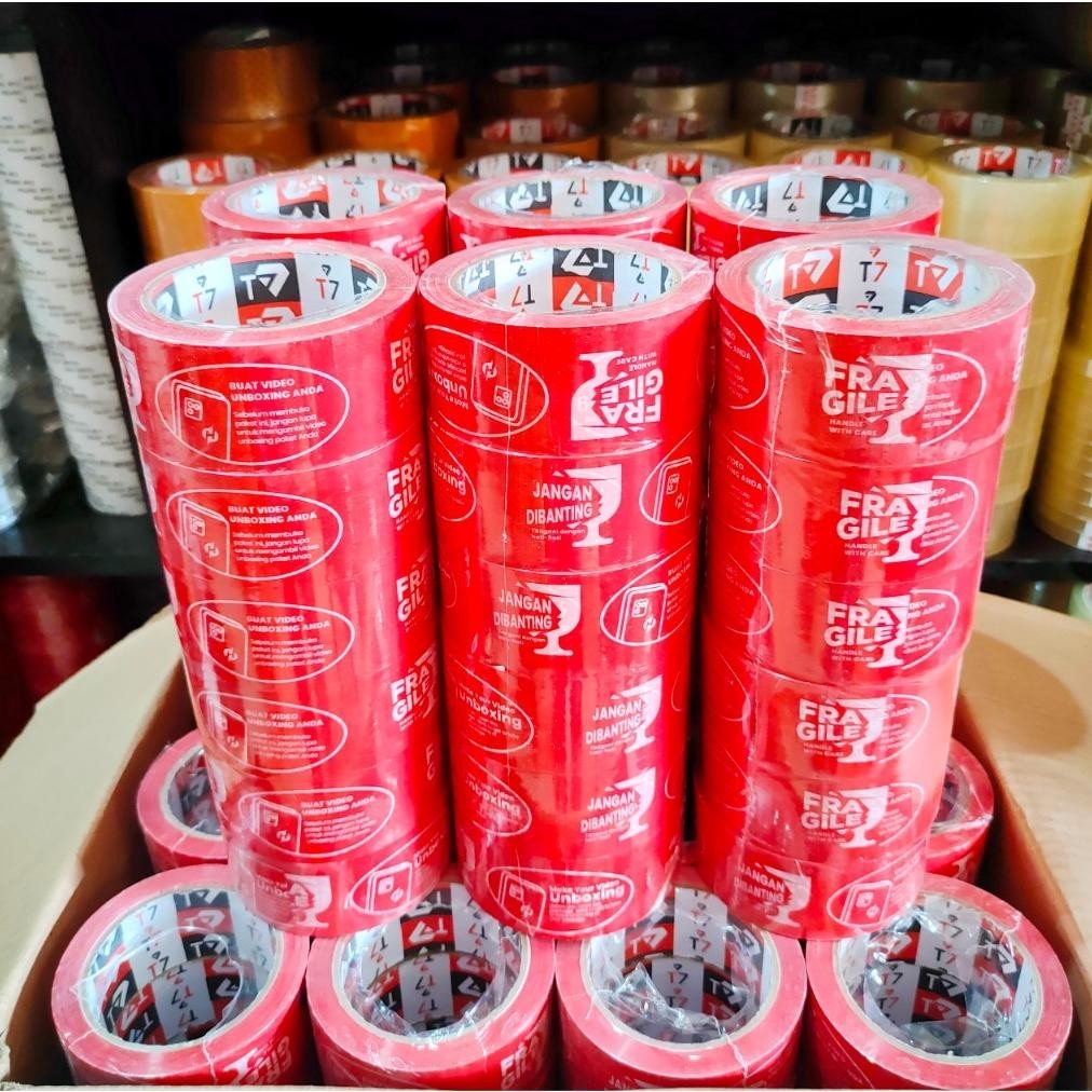 

PROMO Lakban Unboxing Fragile 1 Pack Isi 6 Roll 2 Inch 45mm x 100 yard Selotip Packing Jangan Di Banting Isolasi Opp Merah ed-7