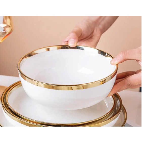 ((((()paling dicari] Mangkok keramik putih list emas 21 cm - Maxistore