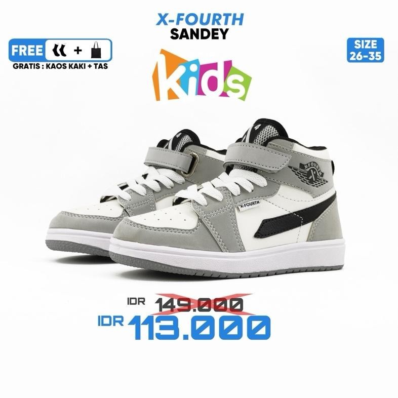X-Fourth Sande Kids Sneakers Anak Abu Putih Usia 2-9 Tahun Sepatu Anak Laki Laki Perempuan Umur 2 Ta