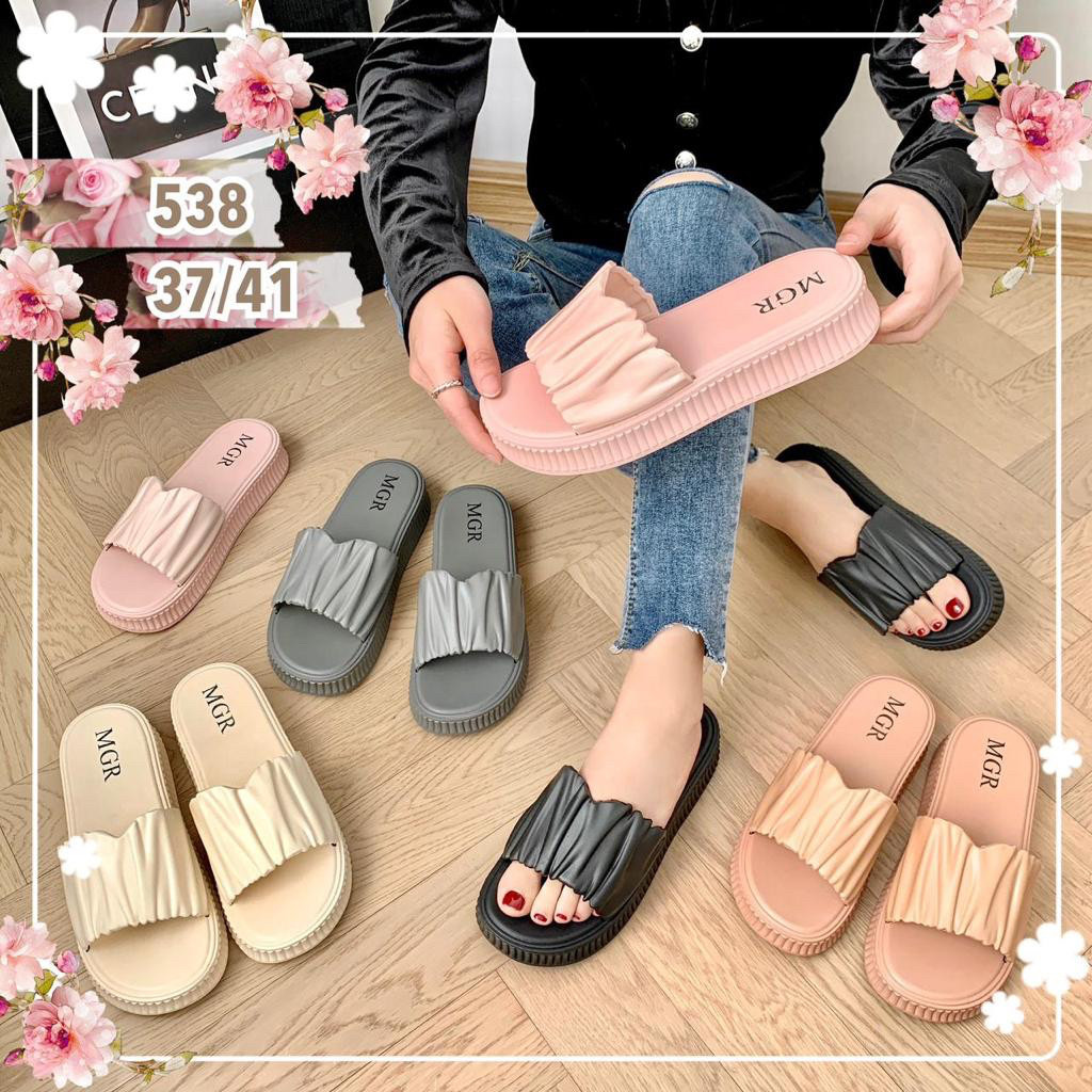 Sandal Karet Wanita // Sandal Selop Wedges Karet Wanita Kerut Hak 4 Cm Cantik Mewah Premium Super