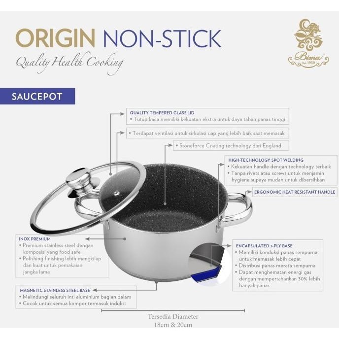 [Ready] Panci Saucepot Anti Lengket 24Cm Bima Origin Non-Stick Stoneforce