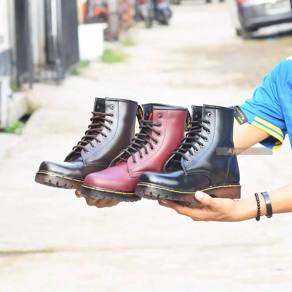 Sepatu Dr Martens High Boots Maroon Coklat Hitam Kulit Unisex Boots Pria Original Handmade Best Sell