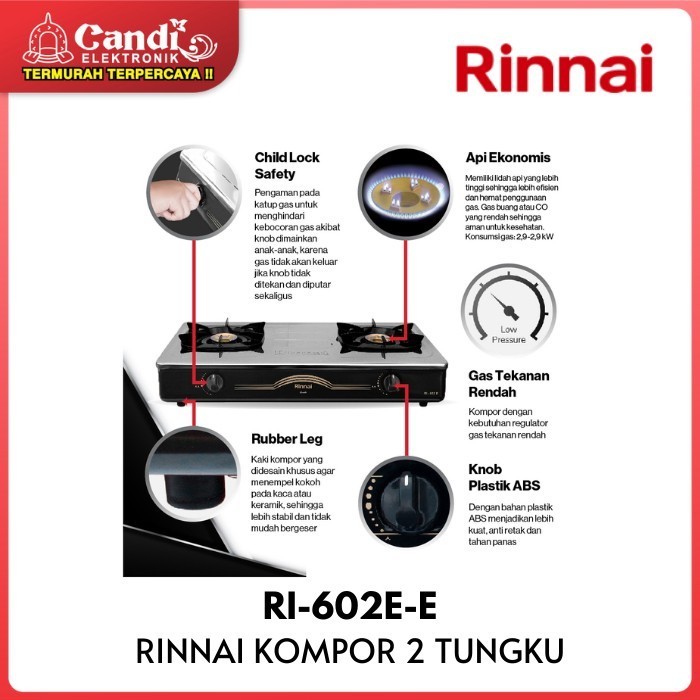 Rinnai Kompor Gas 2 Tungku Hitam Stainless Steel Ri-602E-E