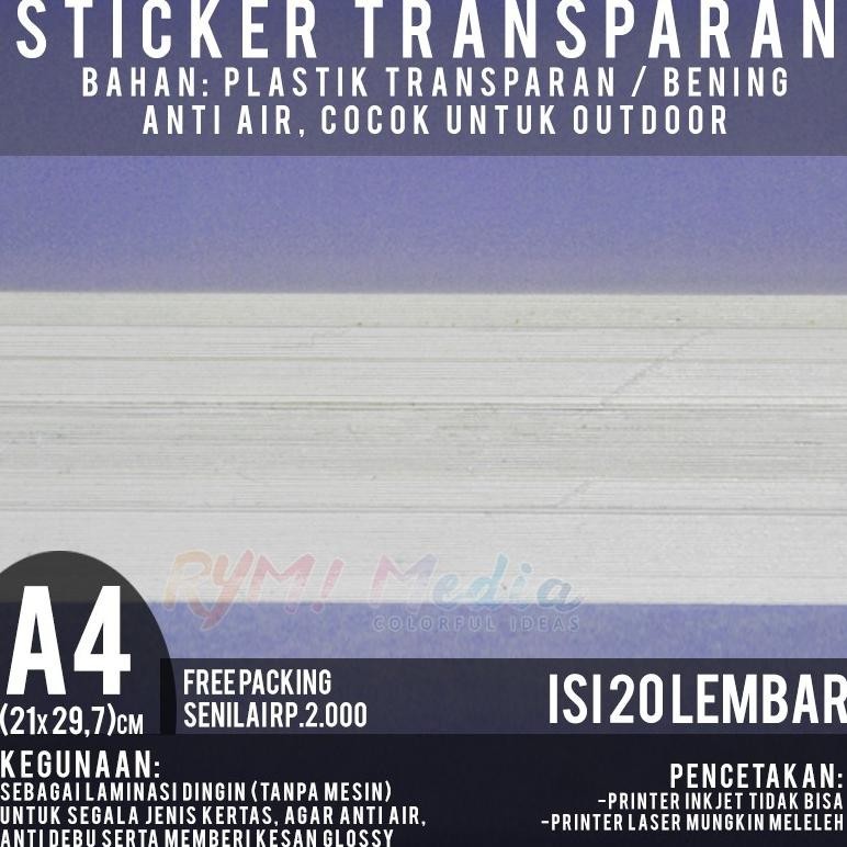

TGH Stiker Transparan A4 isi 20 lbr / Kertas Sticker Transparant Laminasi TERLARIS
