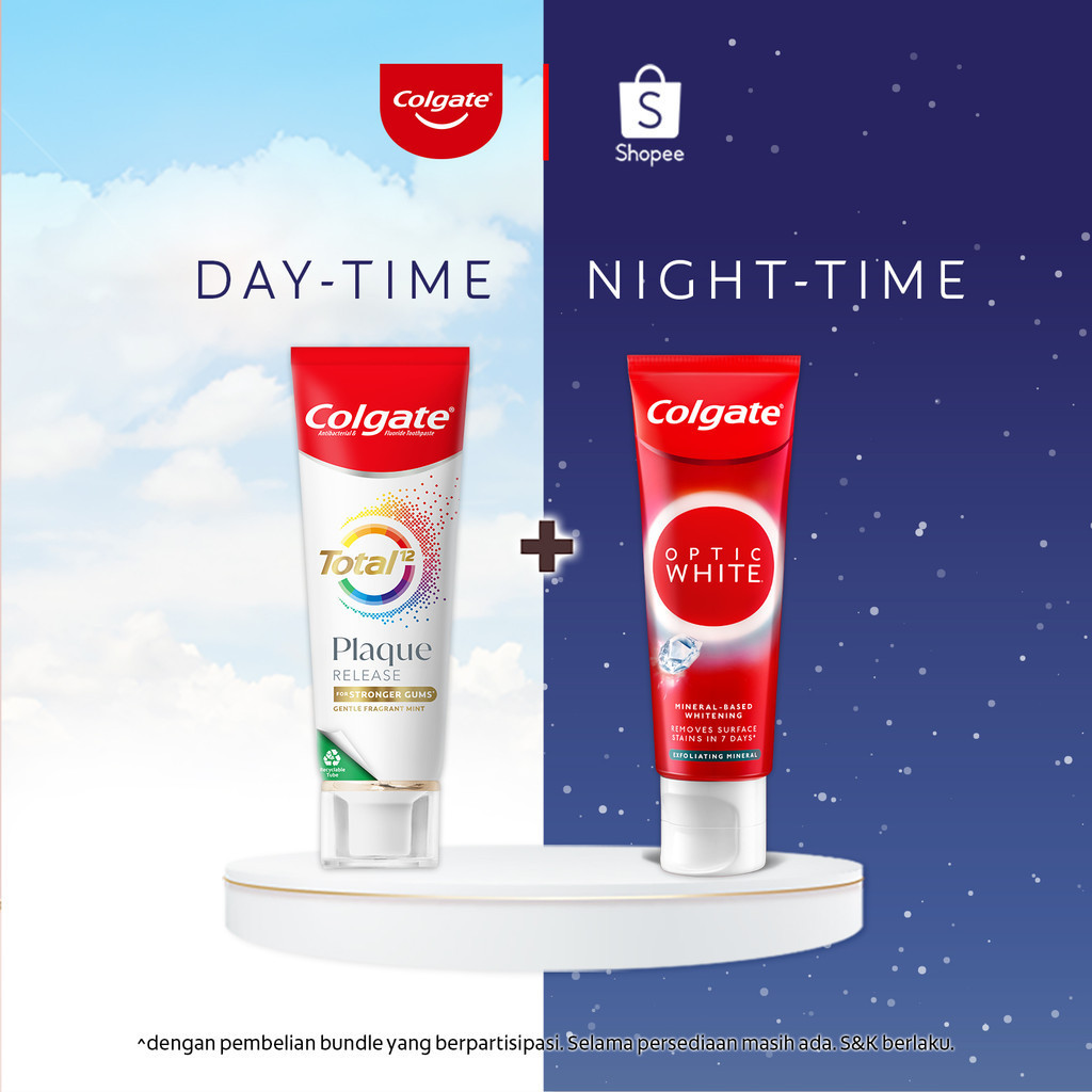 Paket Day & Night Oral Care 7 (Colgate Total Plaque Release Gentle Fragrant Mint 95g + Colgate Optic