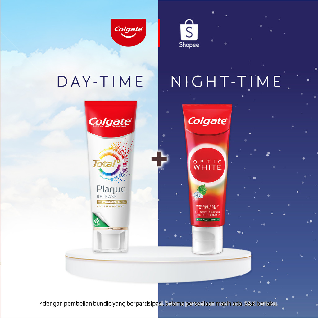 Paket Day & Night Oral Care 6 (Colgate Total Plaque Release Gentle Fragrant Mint 95g + Colgate Optic