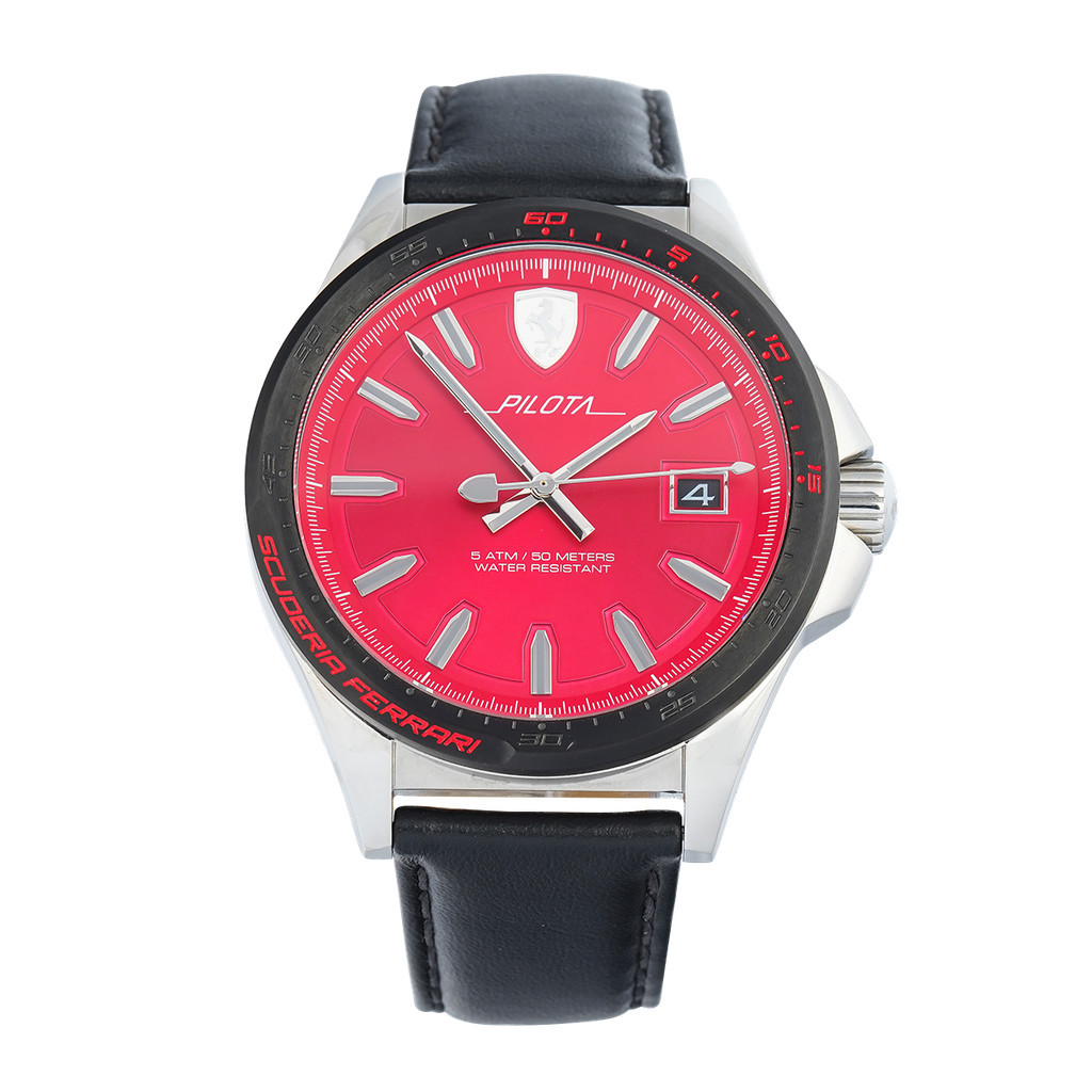 Jam Tangan Pria FERRARI Pilota FE0830489 Red Dial Black Leather Strap