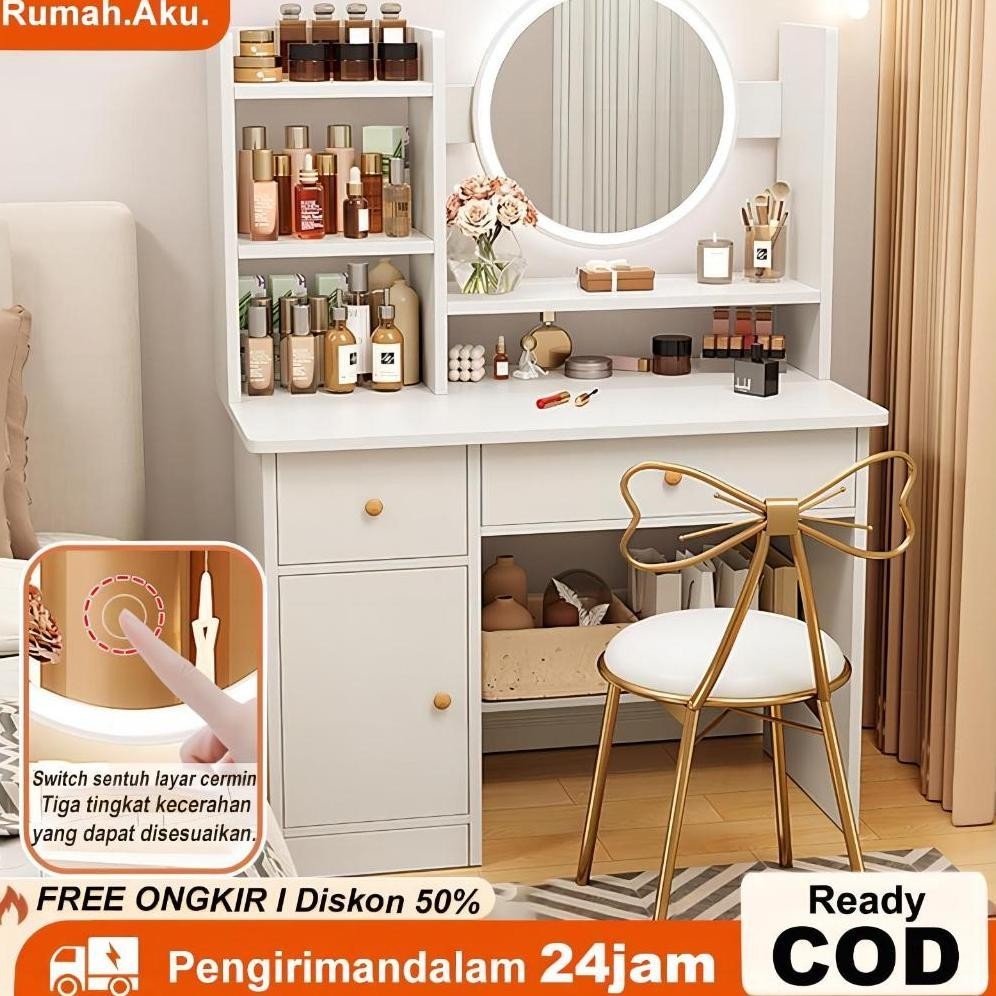 RA Meja rias kaca lampu LED /Meja Minimalis /Rak kosmetik / Meja perempuan /Meja Rias Kaca Bulat