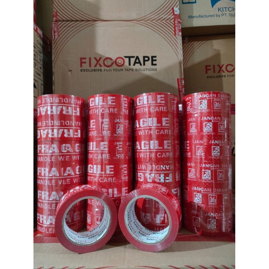 

6 PCS/SLOP Lakban Fragile Merah Fixco Tape 48mm x 90 Yard