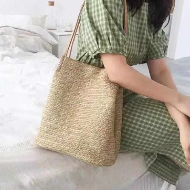 Tas Totebag Wanita Pantai Tas Rajut Motif Rotan Anyaman Jerami Anyam