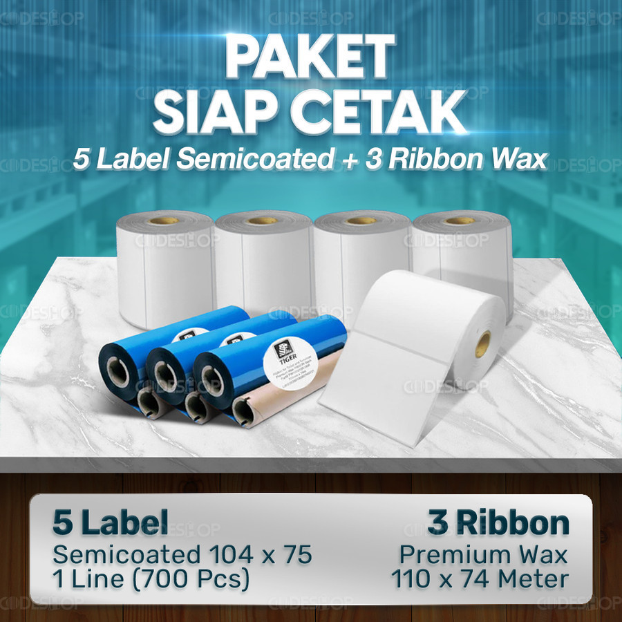 

Paket Sticker Label Siap Cetak | 5 Label Semicoated 104x75 & 3 Ribbon Premium Wax 110x74 M