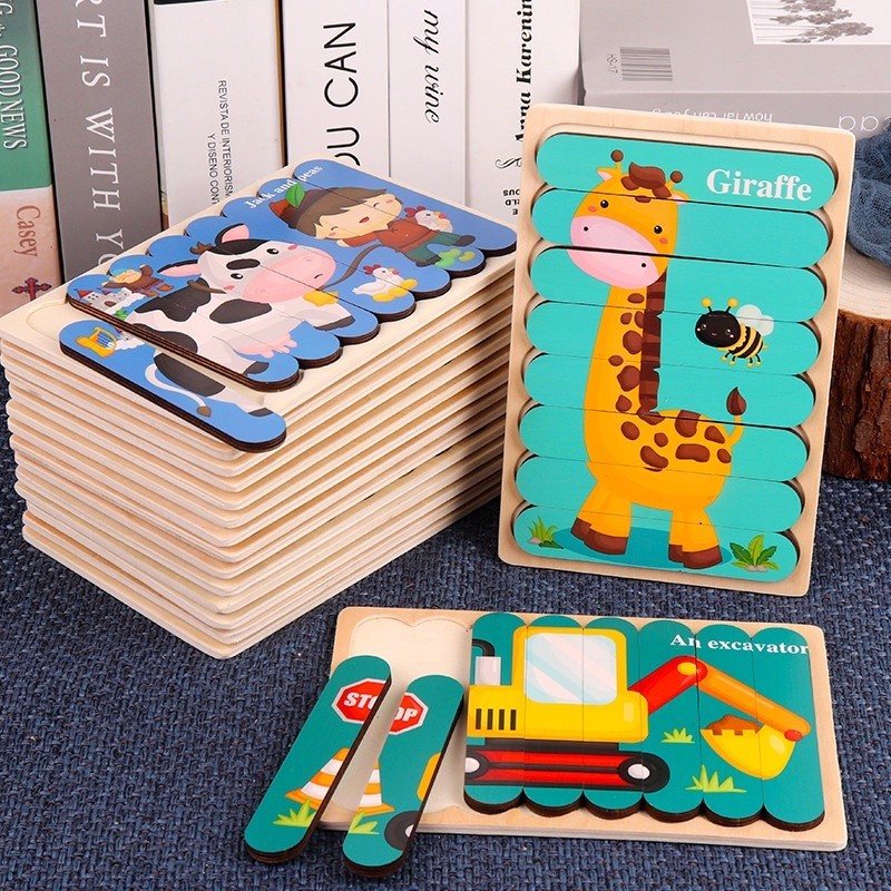 GeeToy Montessori Mainan Edukasi Strip Ganda Mainan Puzzle Kayu 3D Untuk Anak