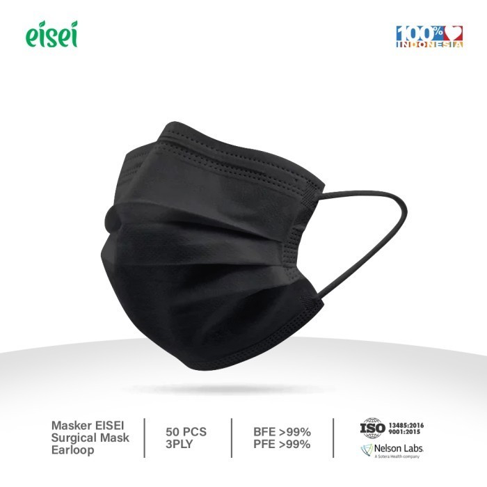 EISEI Masker Medis 3-Ply Surgical Mask Reguler ELEGANT BLACK , 50 Pcs