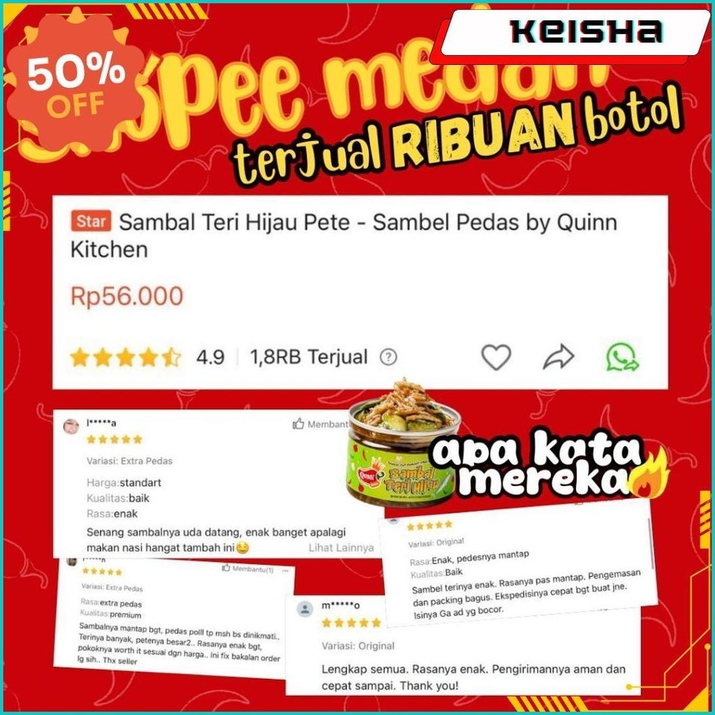 

Quinn Of Spicy Paket Nagih Isi 4 (Empat Hemat Banget) 150G - Sambal Pedas By Kitchen Medan Gratis Ongkir