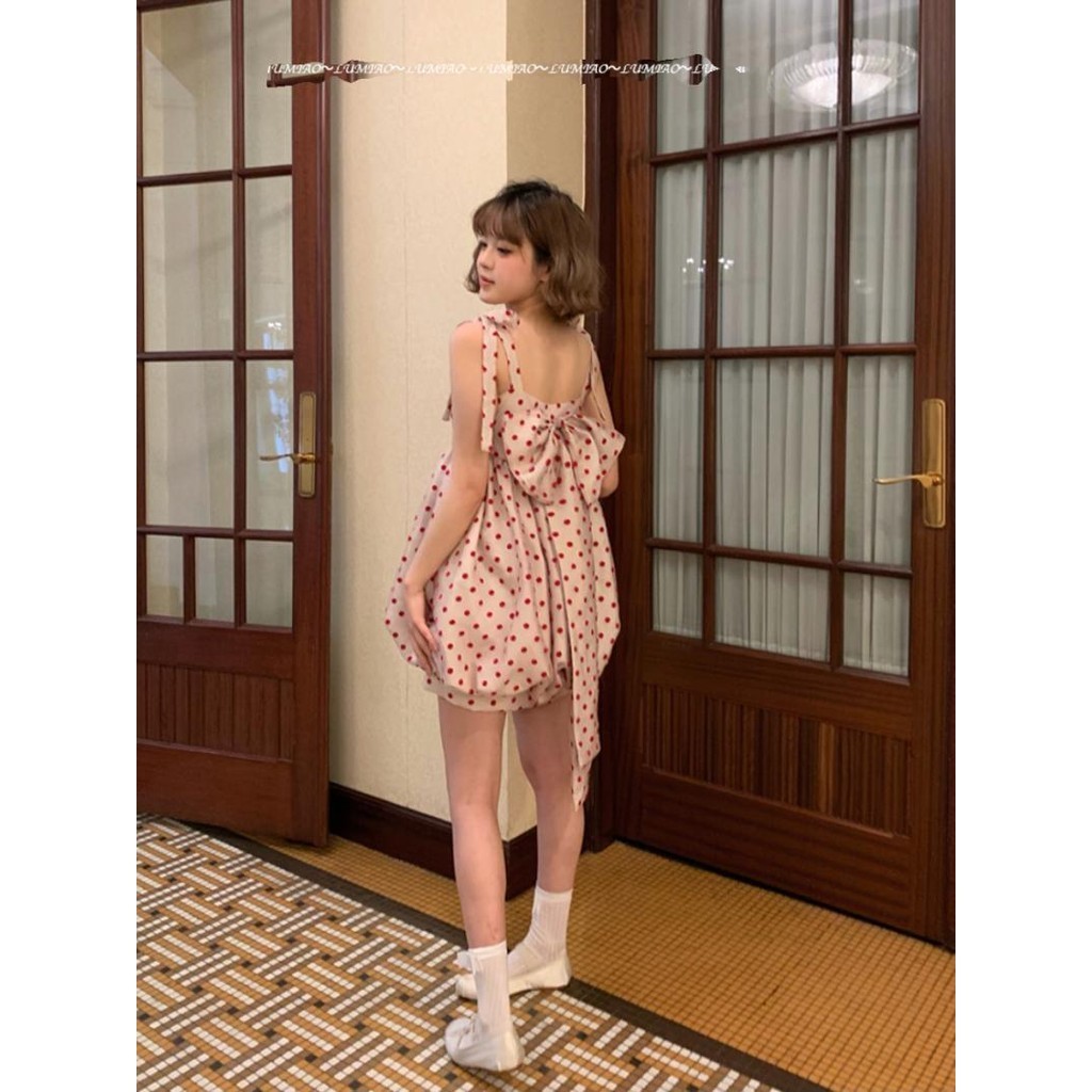 [Cream Winnie]Rok suspender polkadot merah temperamen manis