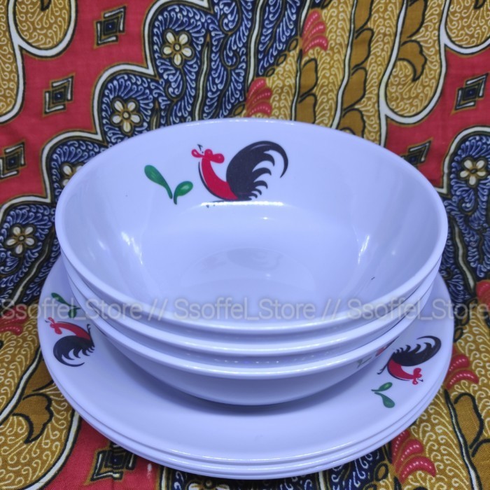 Piring Mangkok Asli Melamin Motif Ayam Jago Isi 8Pcs