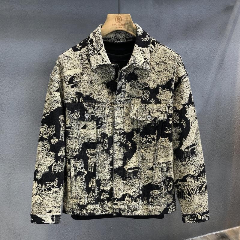 Jaket Pria Jaket Denim Fashion Kasual Jacquard Seni Lukisan Tiongkok Retro Mewah