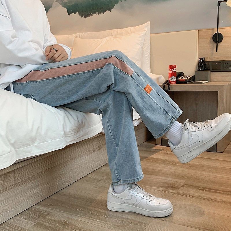 Celana Jins Biru Muda Pria, Bawahan Ankle Lurus Longgar Kaki Lebar