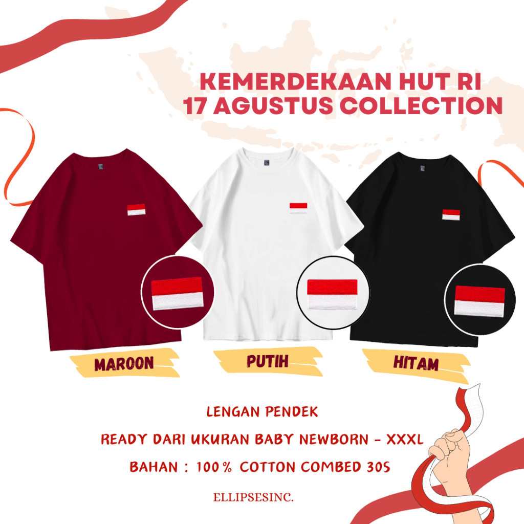 ELLIPSESINC Kaos Oversize Wanita & Pria Kemerdekaan HUT RI 17 Agustus Bordir Warna Merah Maroon /