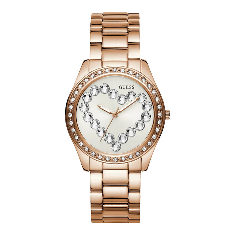 Jam Tangan Wanita Guess Love Affair W1061L2 Ladies White Sunray Dial Rose Gold Stainless Steel Strap