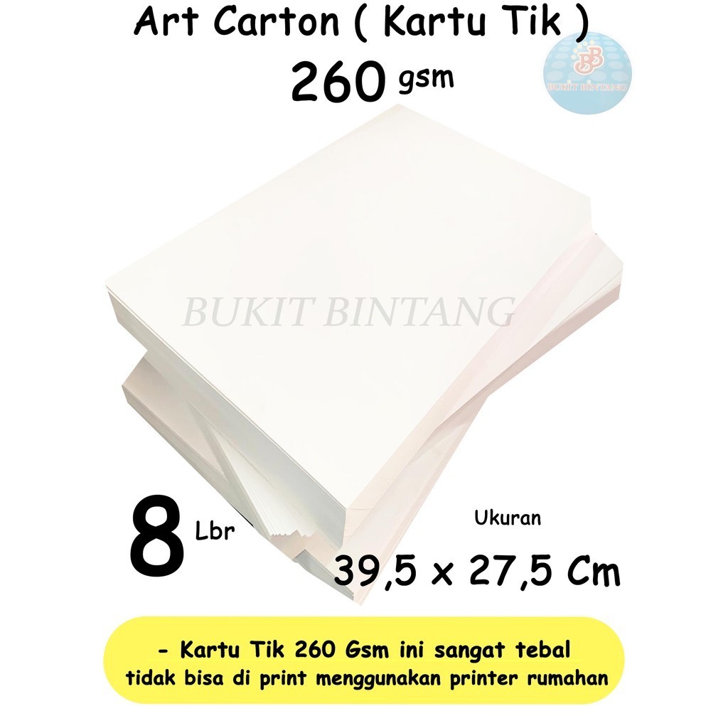 

Art Carton ( Kartu Tik ) 260 Gsm Ukuran 39,5 x 27,2 Cm , isi 8 lembar