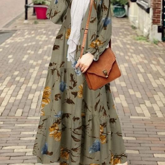 Zanzea Muslim Batik Wanita Lengan Panjang Floral Printed Maxi Dress