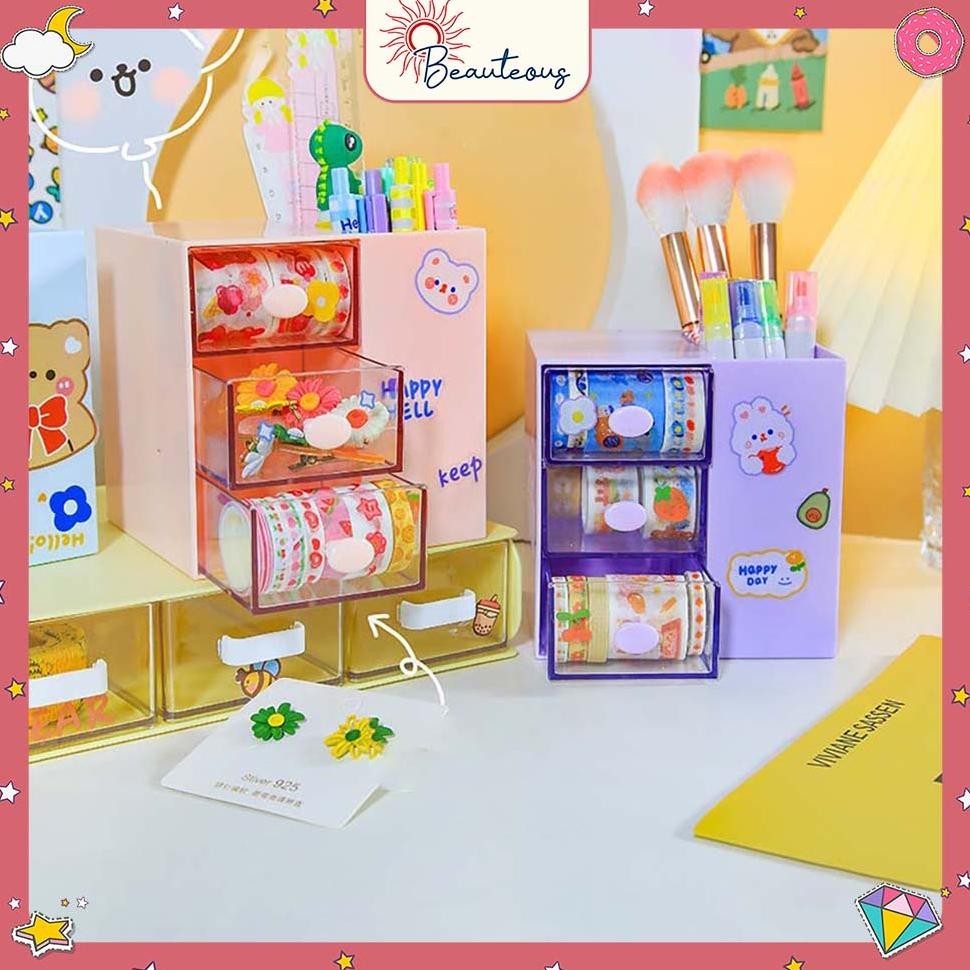 

TERLARIS Kotak Laci Mini Tempat Make Up Storage Tempat Pensil Stackable Mini Serbaguna Free Sticker Oy58