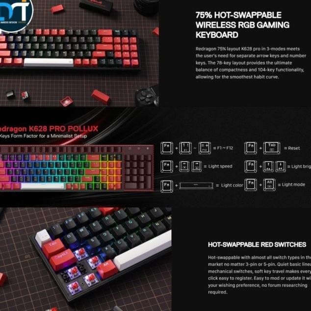 Redragon K628 PRO - Keyboard Mekanis Nirkabel 75% RGB dengan 3 Mode Koneksi