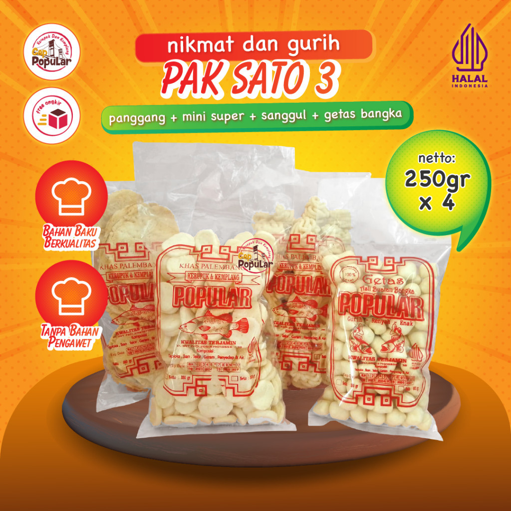 

PAK SATO 3 PAKET MAKANAN PANGGANG MINI SUPER SANGGUL DAN GETAS BANGKA 1 KG SNACK KERUPUK PALEMBANG