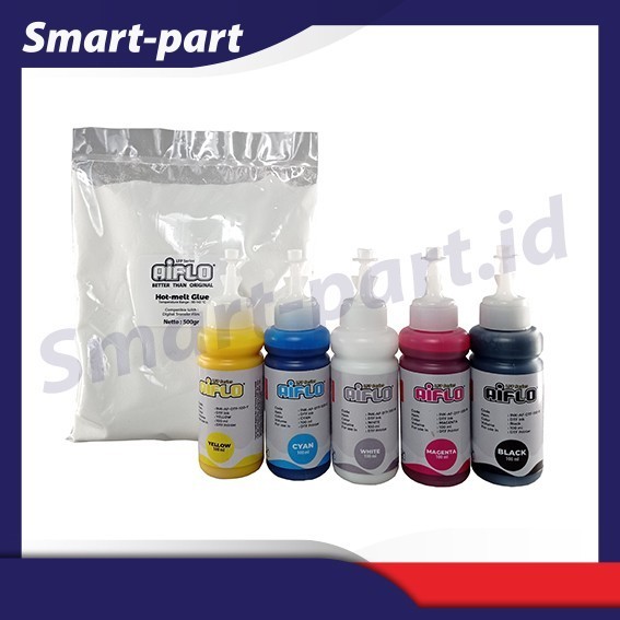 

FULL SET TINTA DTF AIFLO INK CMYK-WHITE DENGAN BUBUK POWDER DTF
