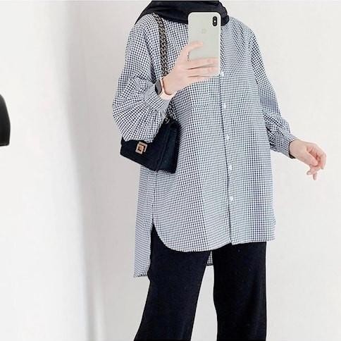 Atasan Motif Kotak Shirt Baju Wanita Lengan Panjang P67M
