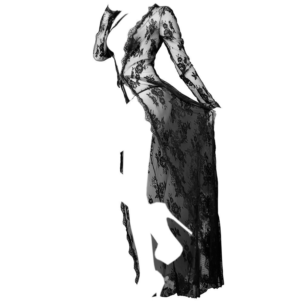 L0671 Baju Tidur Daster Panjang Seksi Gaun Maxi Dress Lace Hitam Transparan Lengan Panjang