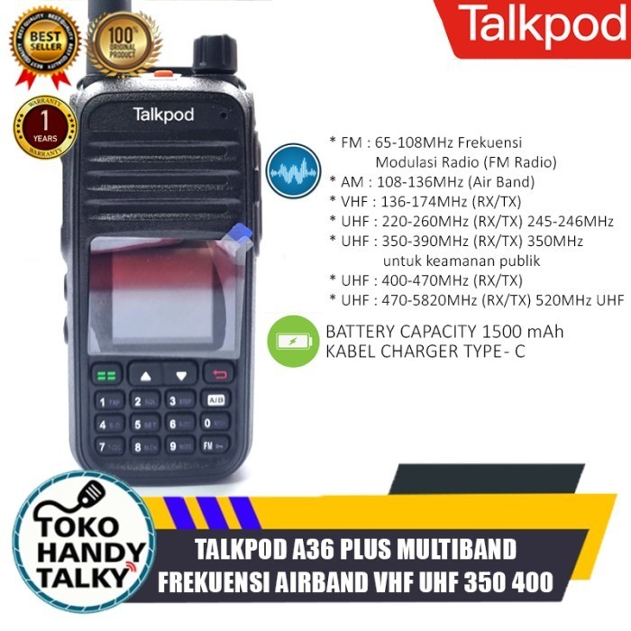 {SyaneShop} TALKPOD A36 PLUS A36P MULTI BAND HT AIRBAND VHF UHF 350 400 Mhz UV37 - Hitam Berkualitas