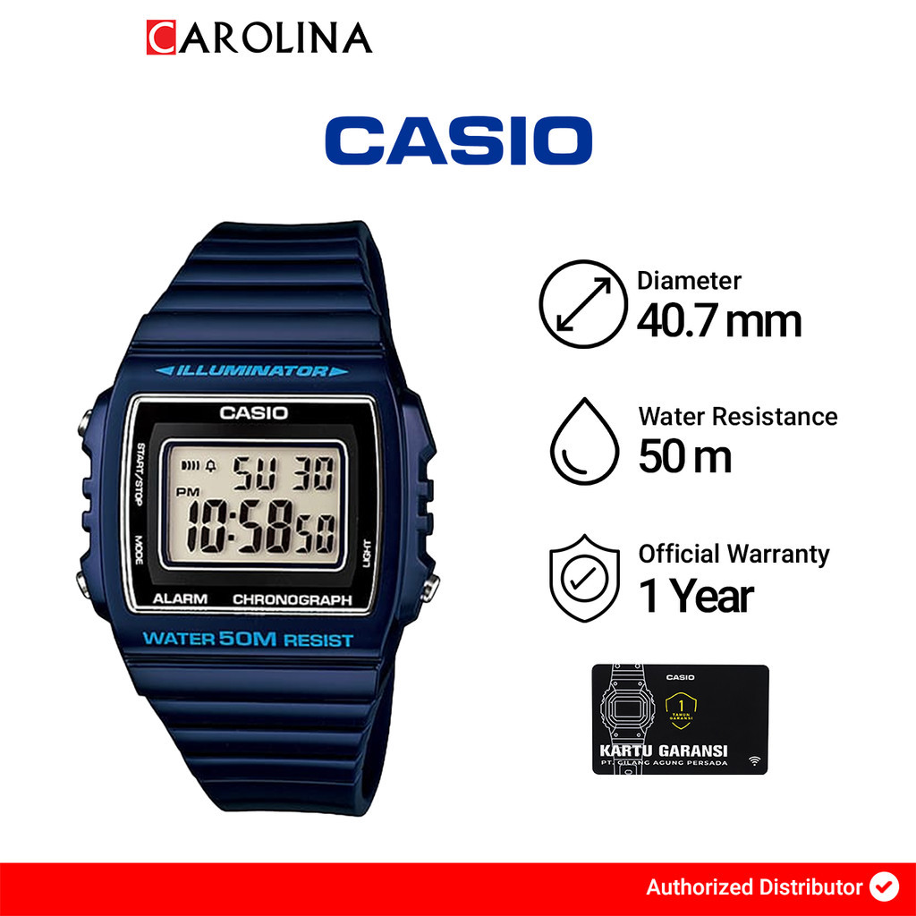 Jam Tangan Pria Casio General W-215H-2A WR 50M Digital Dial Blue Resin Strap