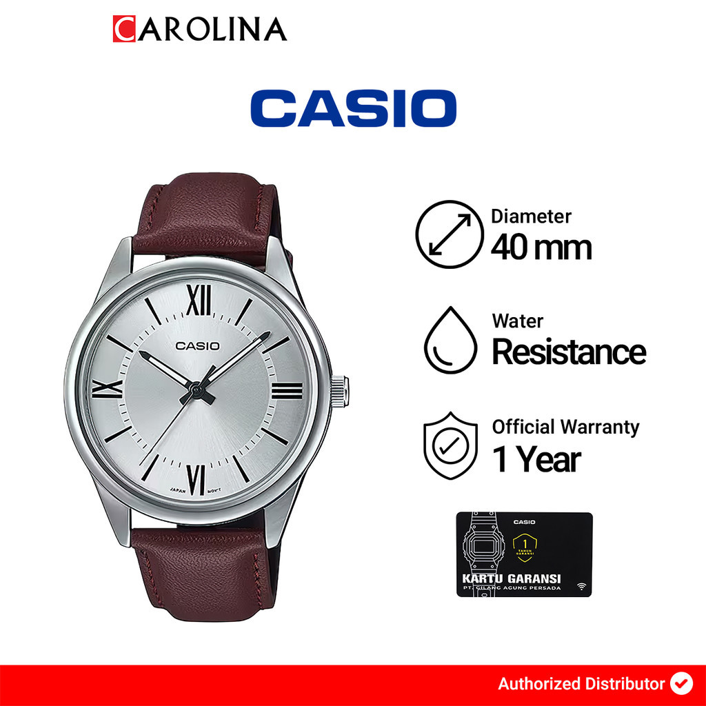 Jam Tangan Casio Pria CASIO General MTP-V005L-7B5 Silver Dial Brown Leather Band