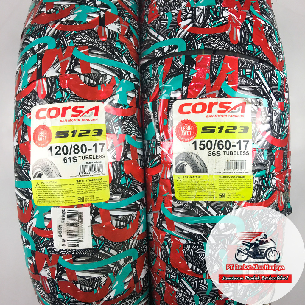 Corsa S123 120/80 & 150/60-17 Sepasang Ban Motor Sport Tubeless BONUS Pentil
