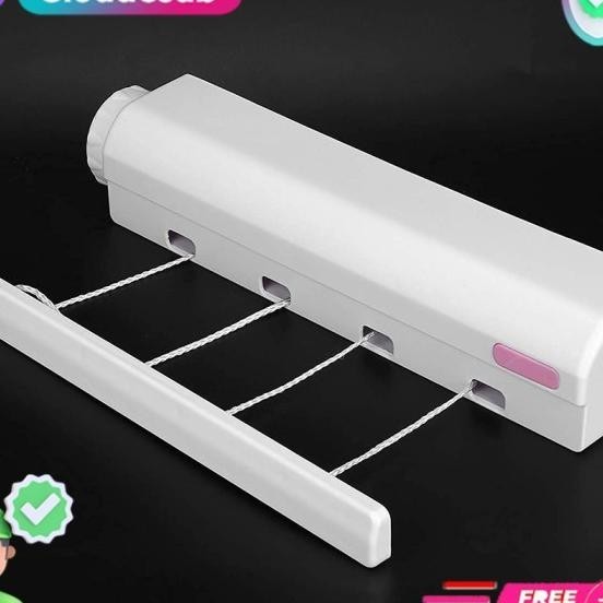 Jemuran Baju Dinding Tempel Lipat Gantungan Baju Praktis Tali Gulung